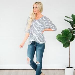 CLAIRE Women's Twist Blue Gray White Stripes Short Sleeve V-Neck Blouse
